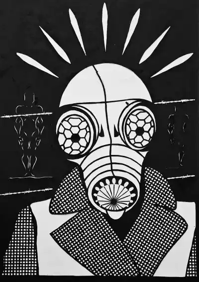 A sartorial man in a gas mask with barb-wire and vague background figures.