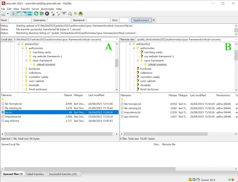 Screenshot of FileZilla in operation
