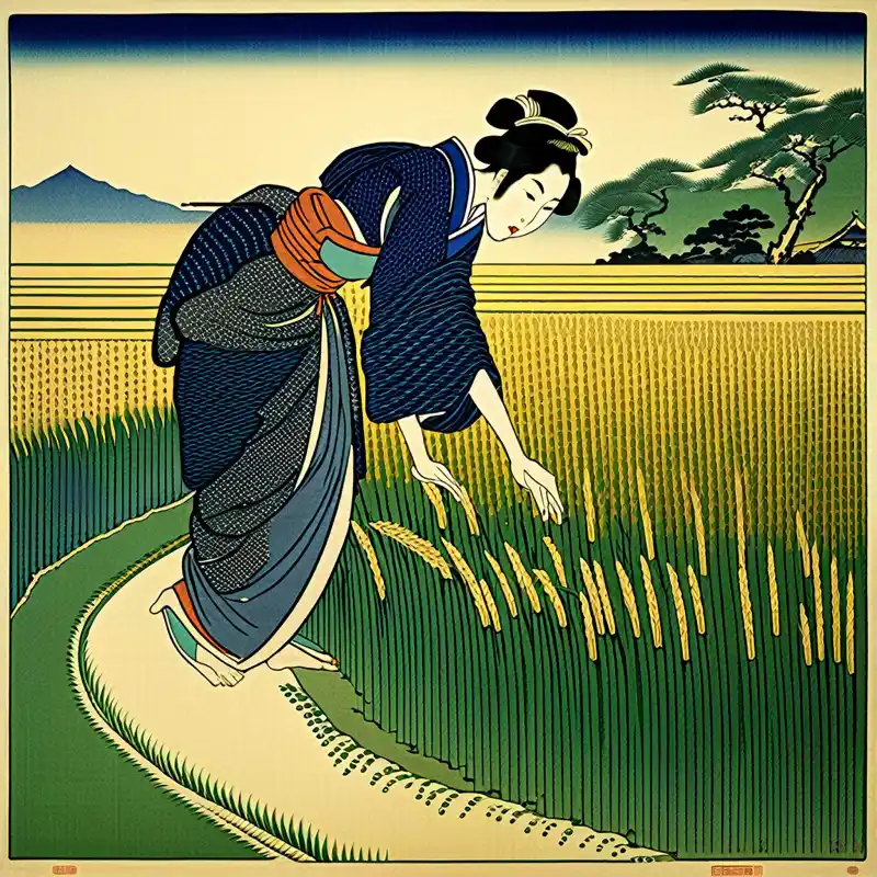 Image from prompt: Woman, Rice Field, Hokusai