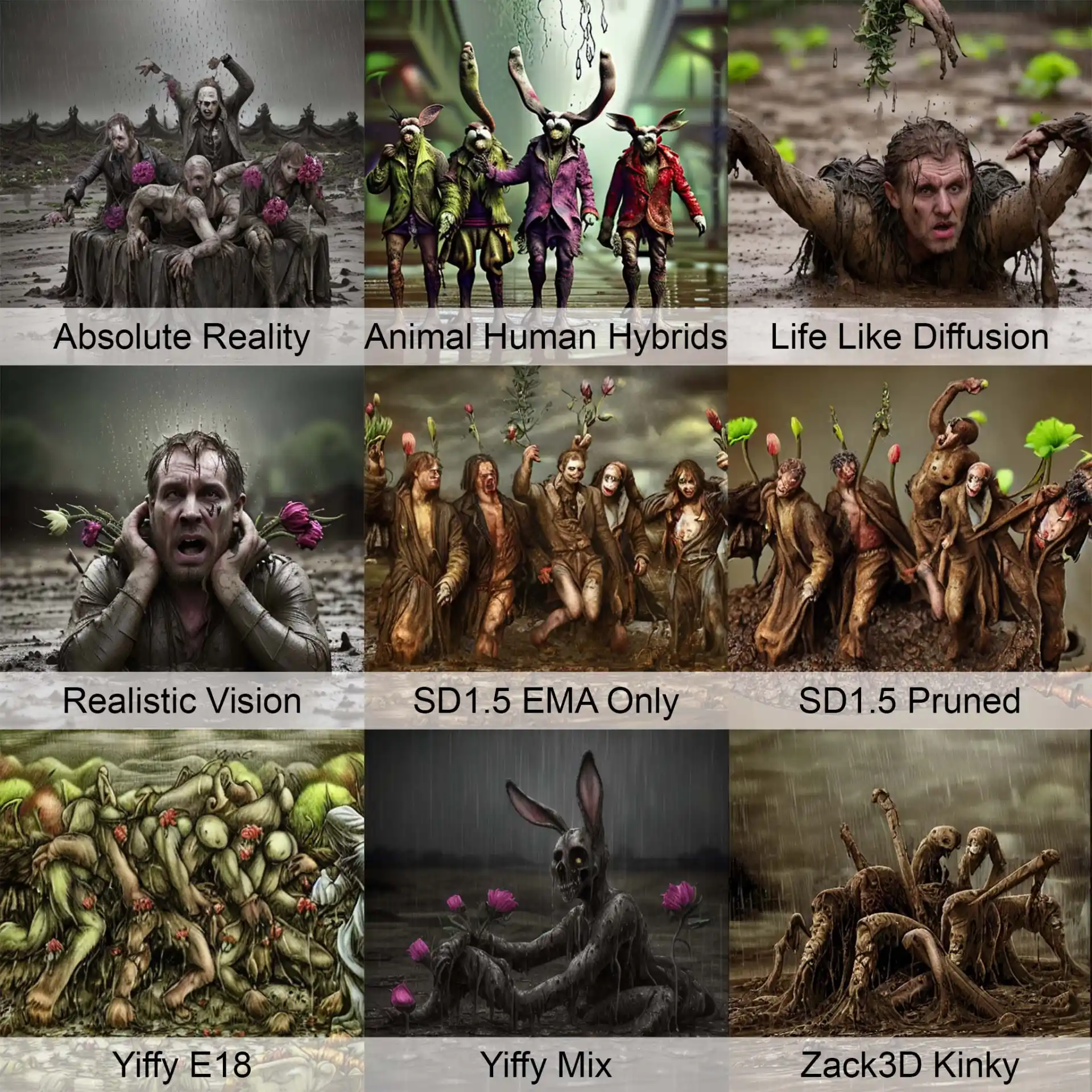Examples of 9 models using identical prompt, seed and settings