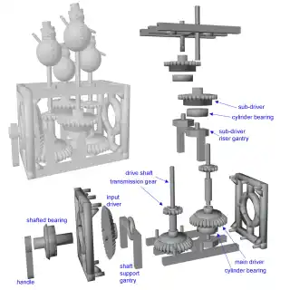 Exploded view of the automata showing all pieces
